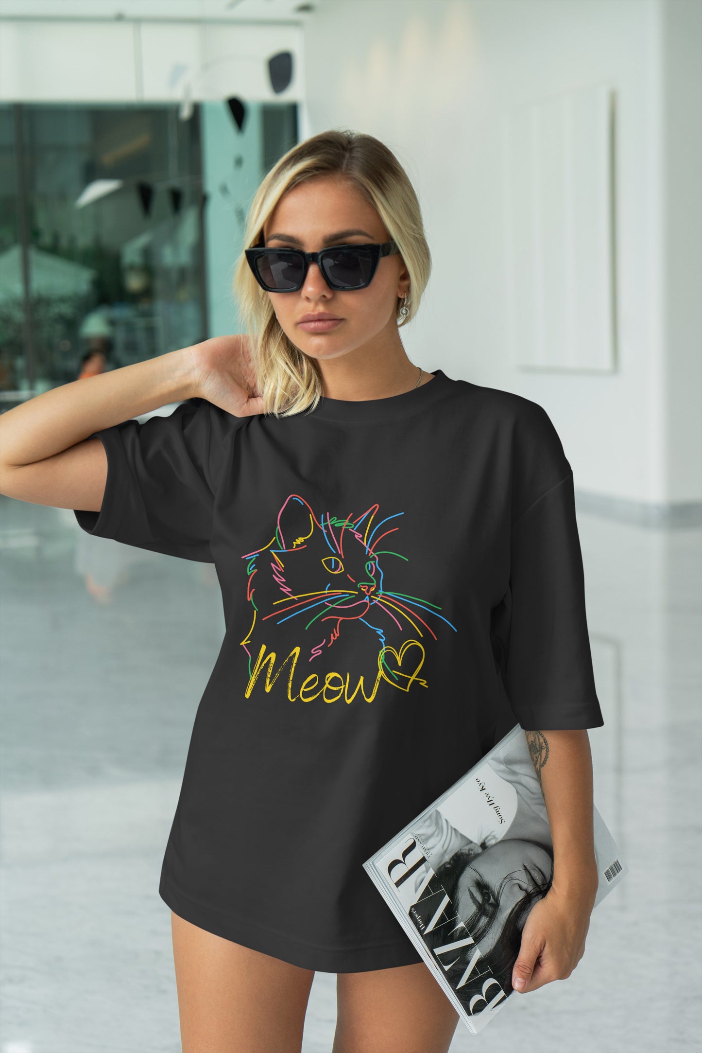 Meow Teddy Graphic Printed Unisex Oversized T-shirt D112