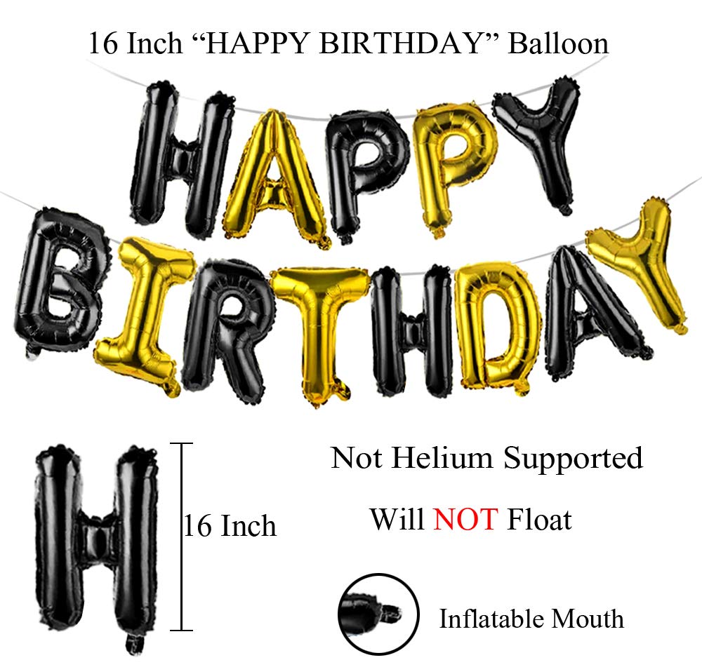 (16 Inch) Happy Birthday Letter Foil Balloon (13 Letters) - Black & Golden
