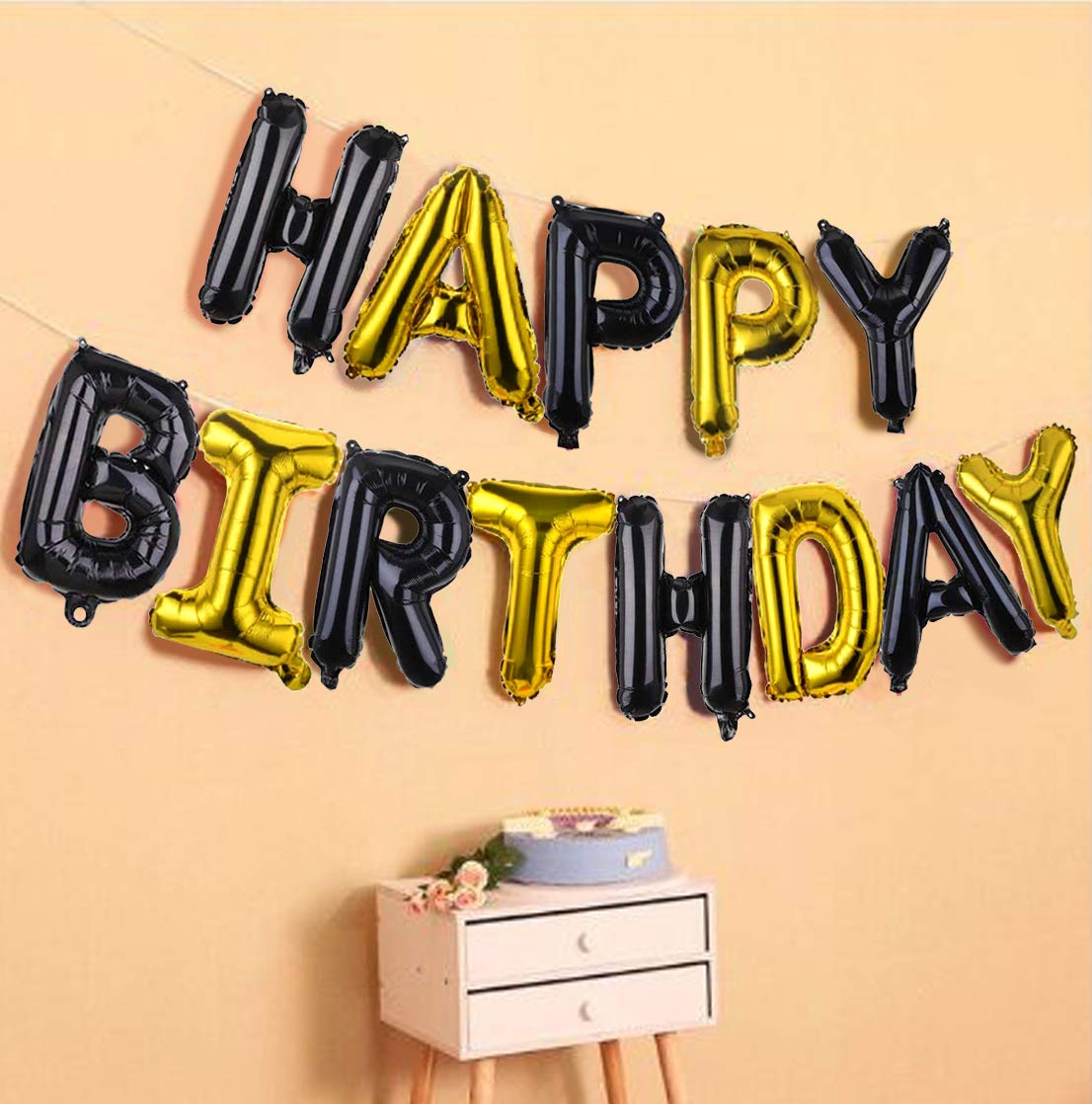 (16 Inch) Happy Birthday Letter Foil Balloon (13 Letters) - Black & Golden