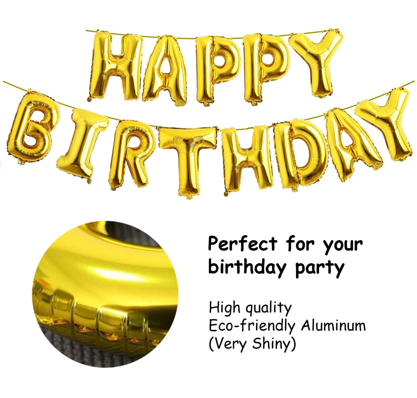 (16 Inch) Happy Birthday Letter Foil Balloons (13 Letters) - Golden