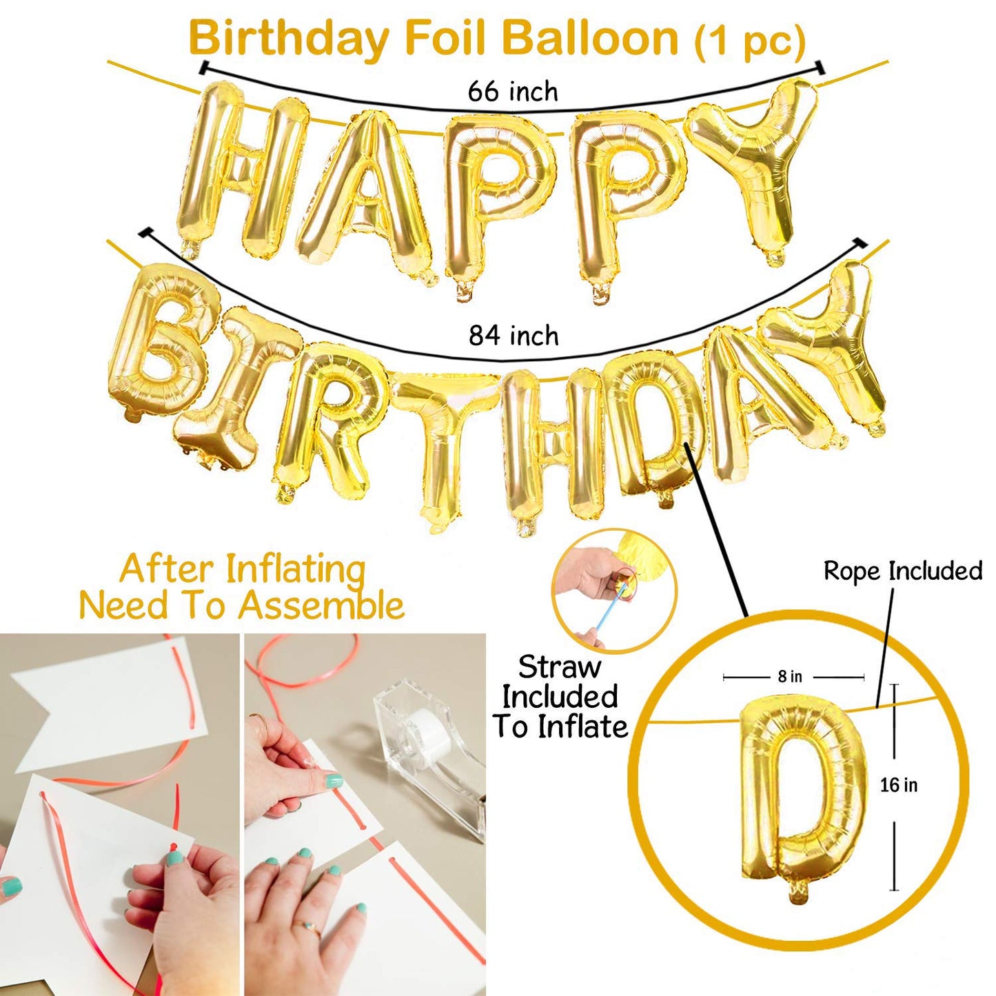(16 Inch) Happy Birthday Letter Foil Balloons (13 Letters) - Golden