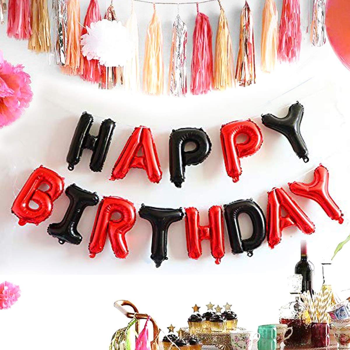 (16 Inch) Happy Birthday Letter Foil Balloons (13 Letters)- Black & Red