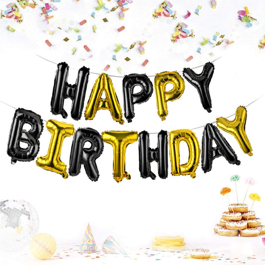 (16 Inch) Happy Birthday Letter Foil Balloon (13 Letters) - Black & Golden