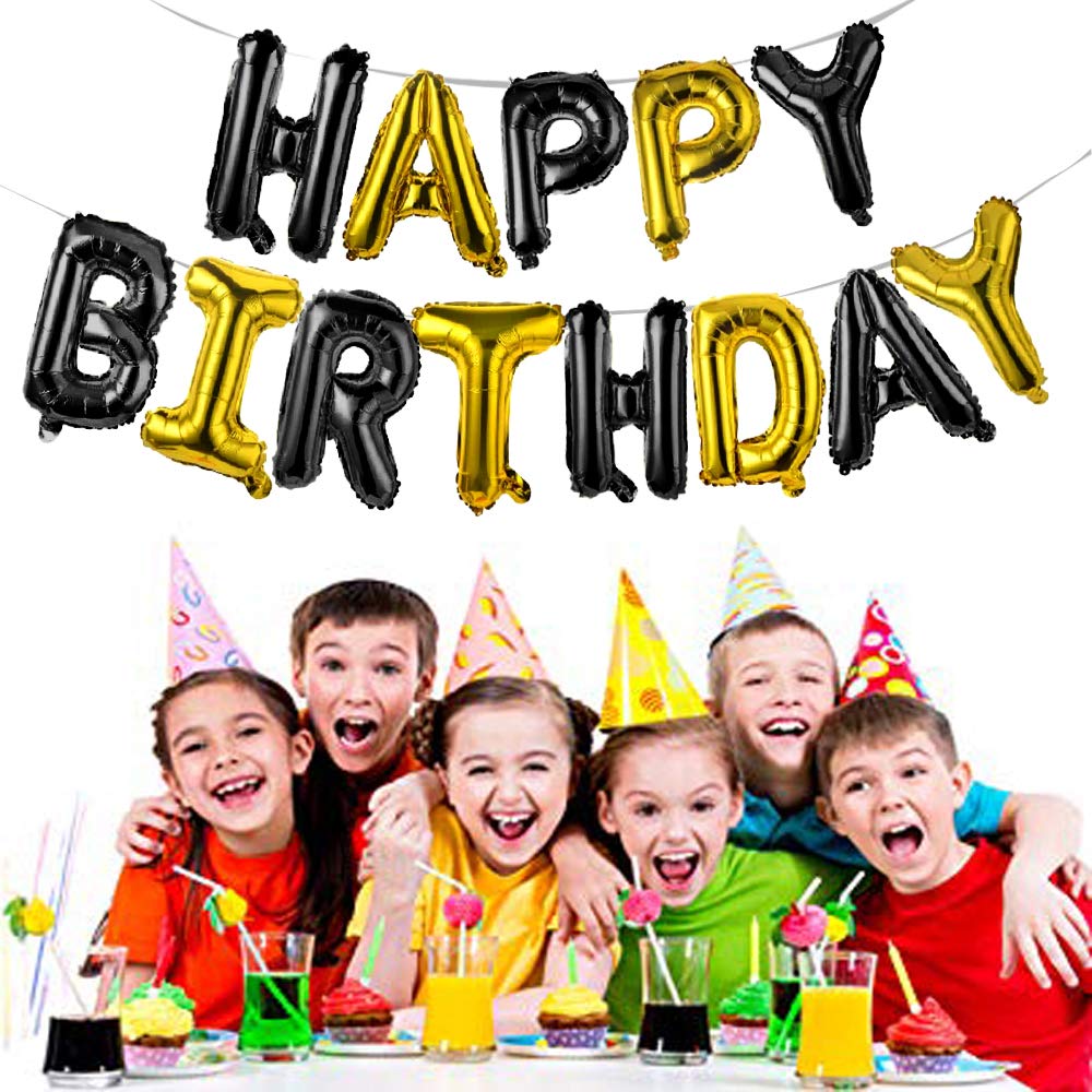 (16 Inch) Happy Birthday Letter Foil Balloon (13 Letters) - Black & Golden