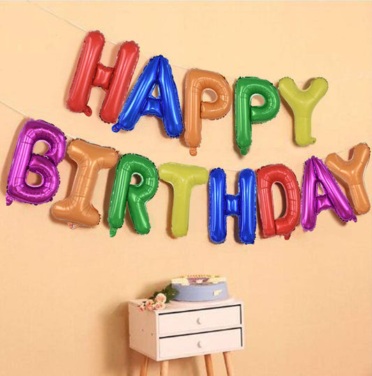 (16 Inch) Happy Birthday Letter Foil Balloon (13 letters) - Multicolour Plain