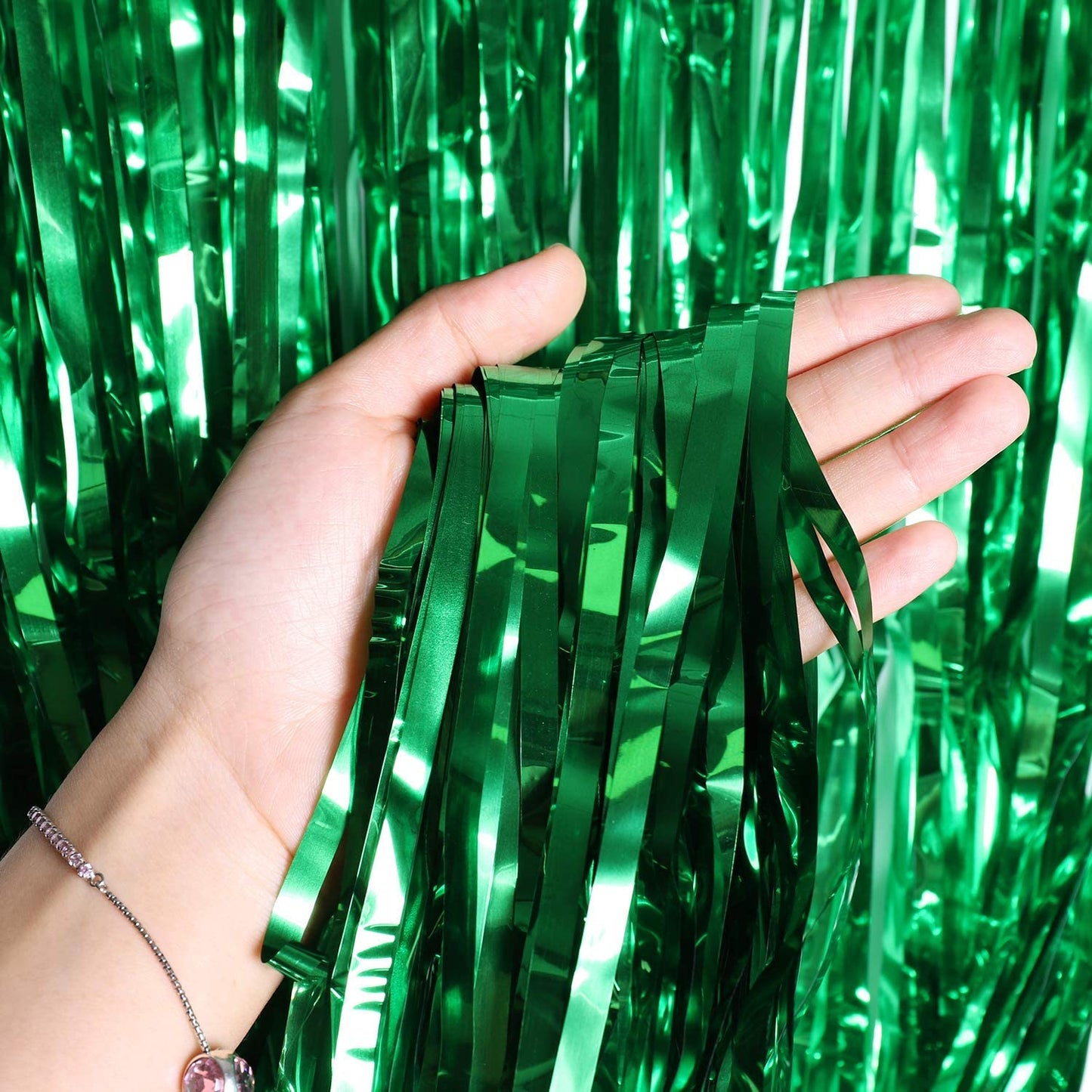 METALLIC SILVER FOIL CURTAINS FOR BIRTHDAY CELEBRATION (GREEN COLOR)