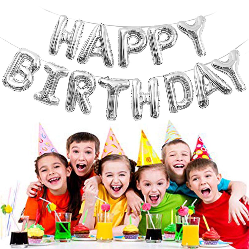 (16 Inch) Happy Birthday Letter Foil Balloon (13 Letters) - Silver Colour