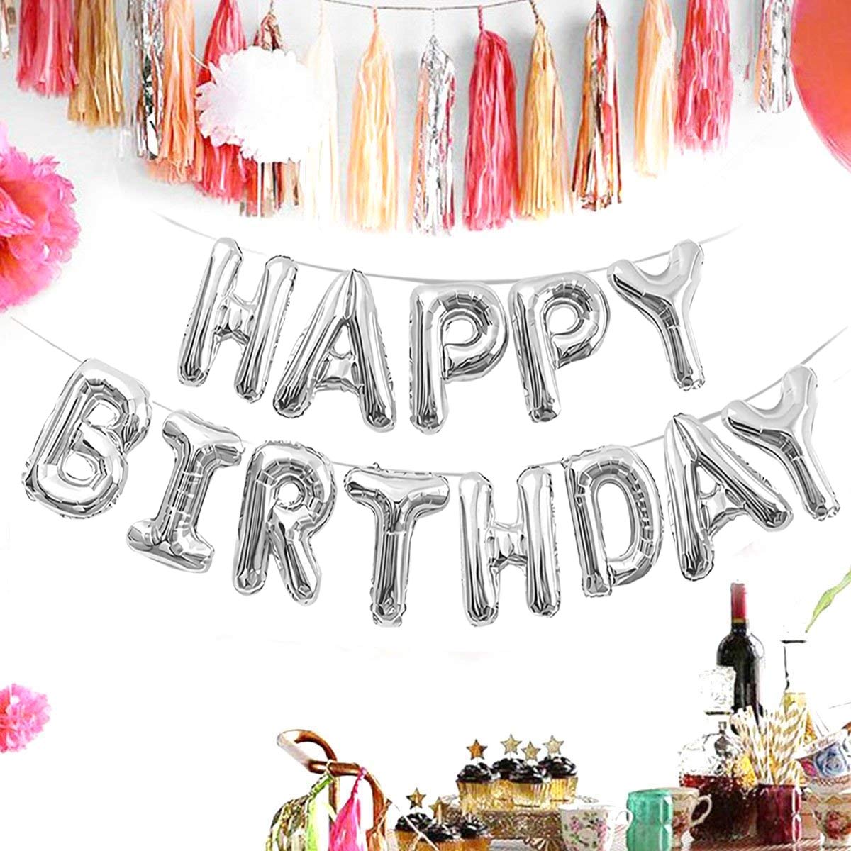 (16 Inch) Happy Birthday Letter Foil Balloon (13 Letters) - Silver Colour