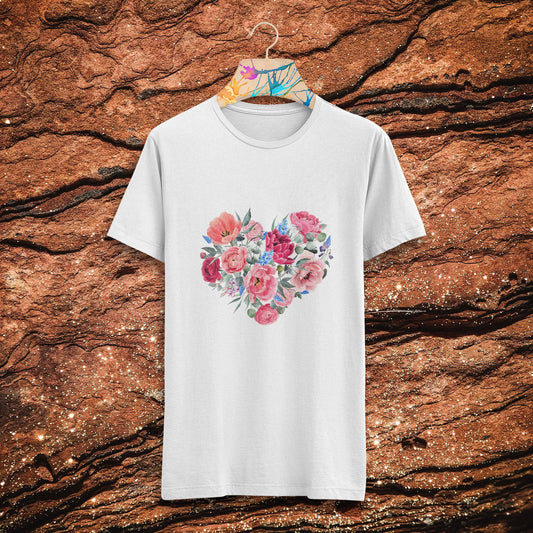 Flower Heart Printed White Round Neck Half Sleeve T-Shirt D046