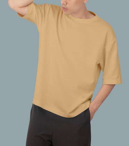 Unisex Oversized  Round Neck Half Sleeve Premium Bio-wash T-Shirt (Color-Beige)