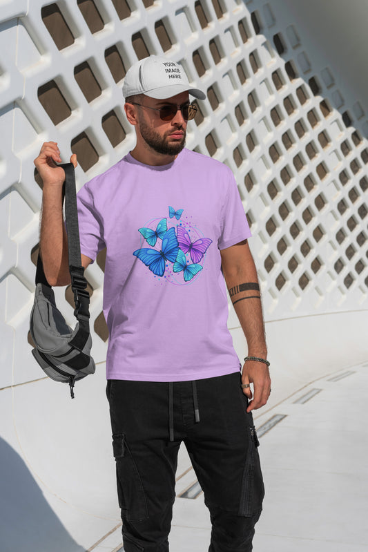Butterfly Printed Round Neck Regular Fit Half Sleeve Lavender T-Shirt D016