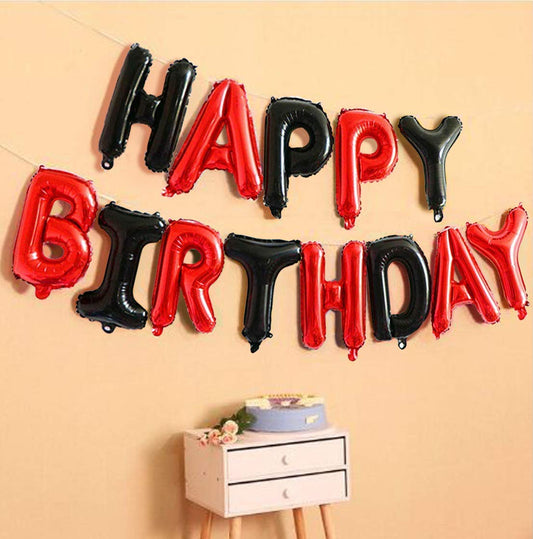 (16 Inch) Happy Birthday Letter Foil Balloons (13 Letters)- Black & Red