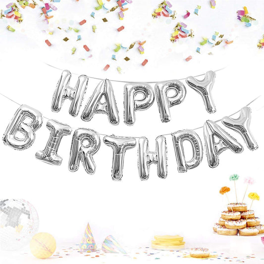 (16 Inch) Happy Birthday Letter Foil Balloon (13 Letters) - Silver Colour